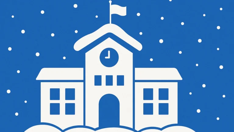 Illustration of a snow-covered school building with falling snowflakes, symbolizing winter weather and school closure conditions.”