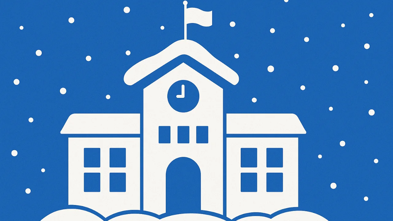 Illustration of a snow-covered school building with falling snowflakes, symbolizing winter weather and school closure conditions.”