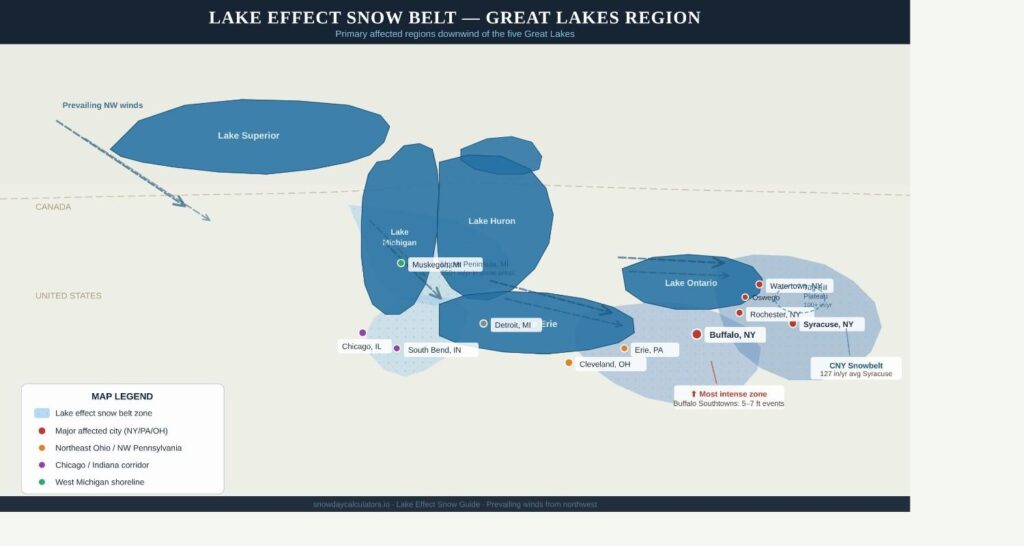 Lake Effect Snow – What It Is, How It Forms, and Where It Hits 3 Where Does Lake Effect Snow Occur? The Great Lakes Snow Belt
