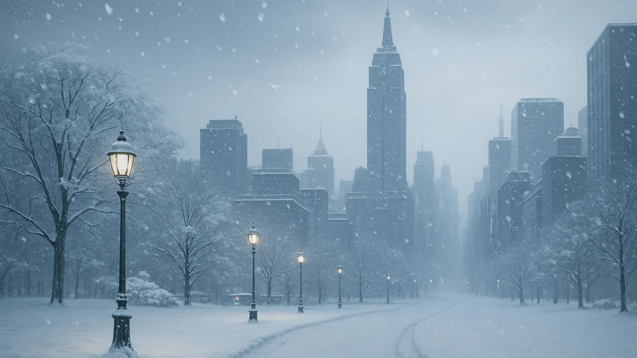 Snow-covered New York City skyline during a winter snowfall, with trees, street lamps, and a snowy park path in the foreground.