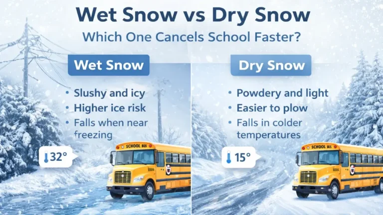 Comparison of wet snow and dry snow showing how wet snow creates icy roads and cancels school more often than dry snow.