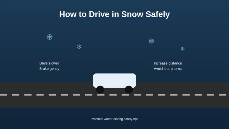 Illustration showing safe driving techniques on snowy roads including reduced speed and gentle braking