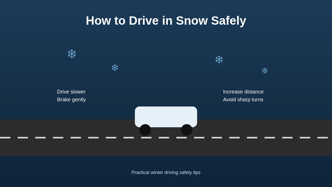 Illustration showing safe driving techniques on snowy roads including reduced speed and gentle braking