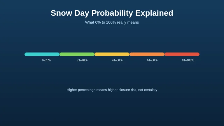 Snow day probability scale showing what 0 to 100 percent snow day chances mean