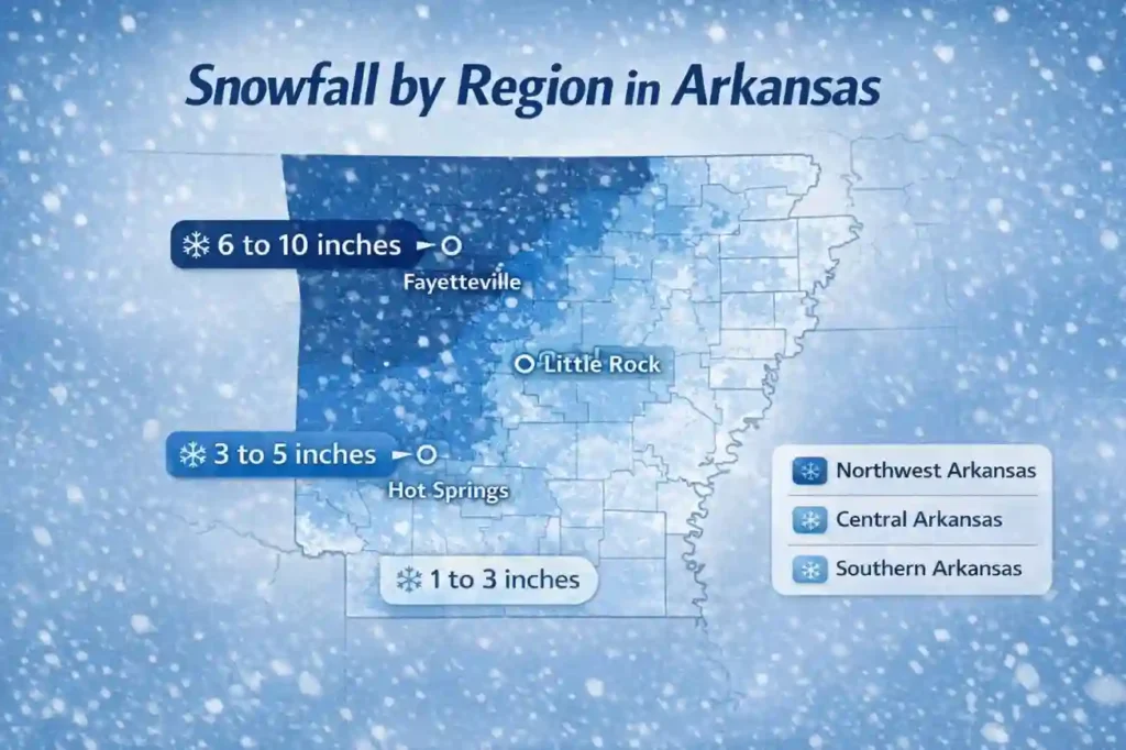 Arkansas snowfall map showing regional snow totals by area