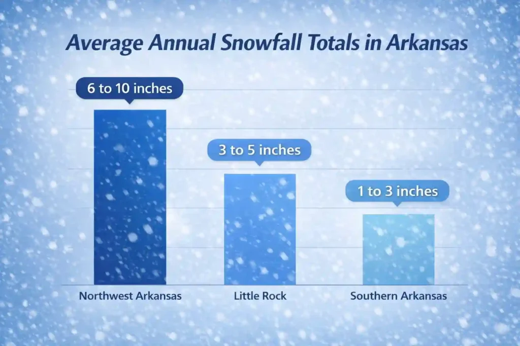 Average annual snowfall totals in Arkansas by region