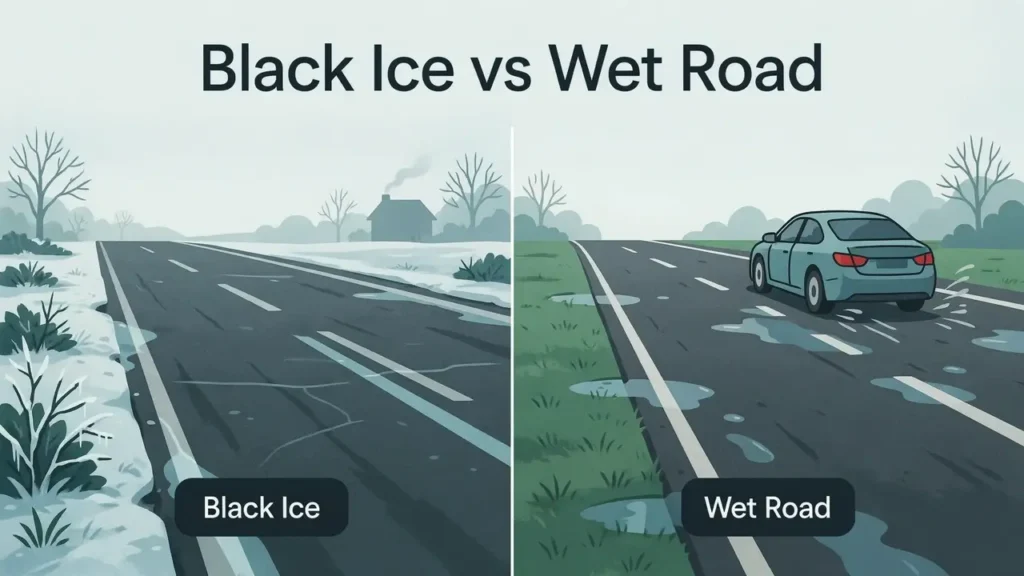 What Is Black Ice? Causes, Road Hazards & How to Spot It 4 comparison of black ice and a wet road showing how transparent ice can look like wet pavement.