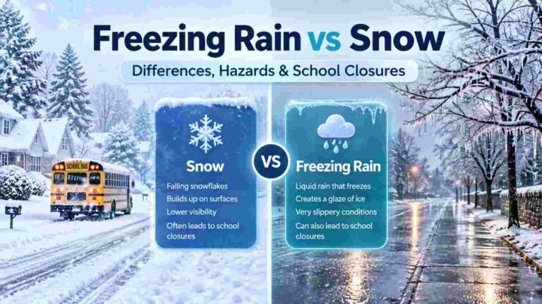 Freezing Rain vs Snow: Differences, Sleet & School Closures 6 Freezing rain vs snow comparison showing a snowy school bus route and an icy road with freezing rain.