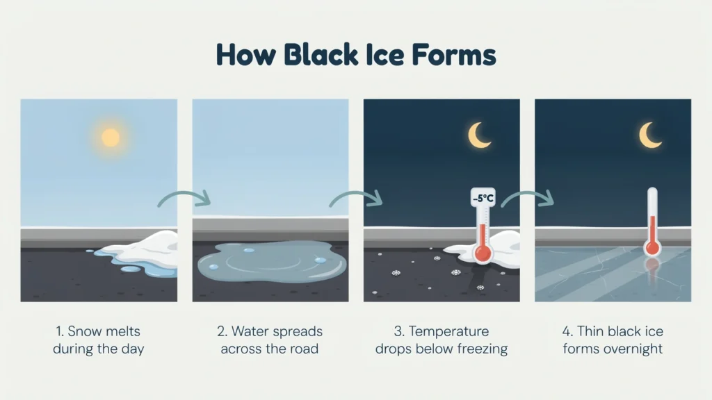 What Is Black Ice? Causes, Road Hazards & How to Spot It 2 showing melting snow and road moisture freezing overnight to form black ice.