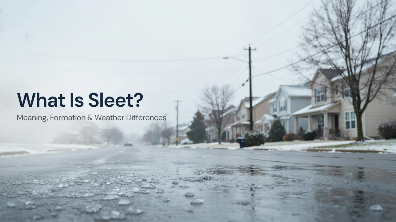 What Is Sleet? Meaning, Formation, Weather & Differences 1 Sleet ice pellets falling and bouncing on a winter road, illustrating what sleet looks like in cold weather.