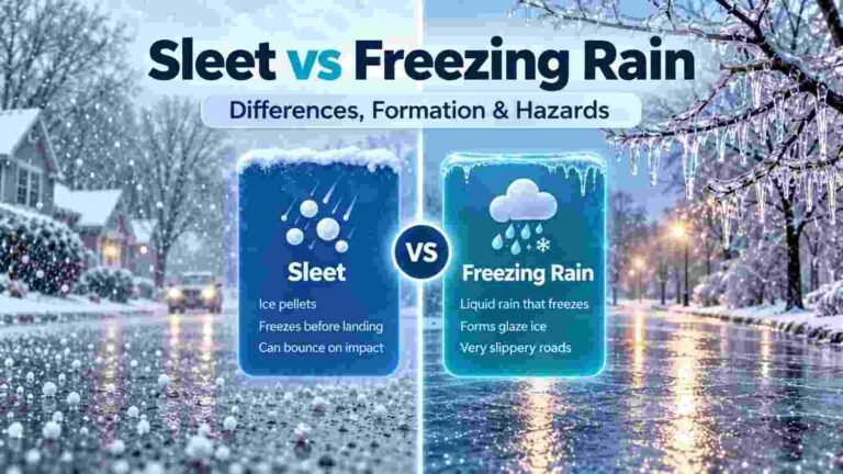 Sleet vs Freezing Rain: Differences, Formation & Hazards 4 Sleet vs freezing rain comparison showing ice pellets on one side and glaze ice on roads and tree branches on the other.