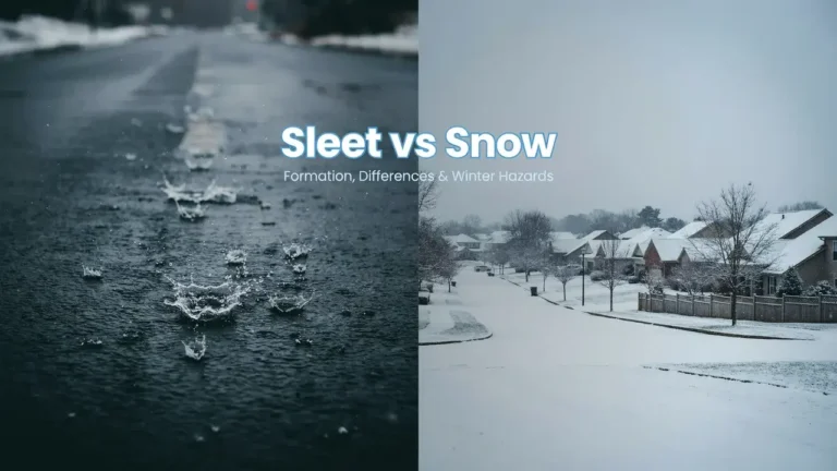 Sleet vs Snow: Differences, Formation & School Closures 6 Sleet vs snow comparison showing ice pellets bouncing on a road beside soft snowflakes accumulating on a winter street.