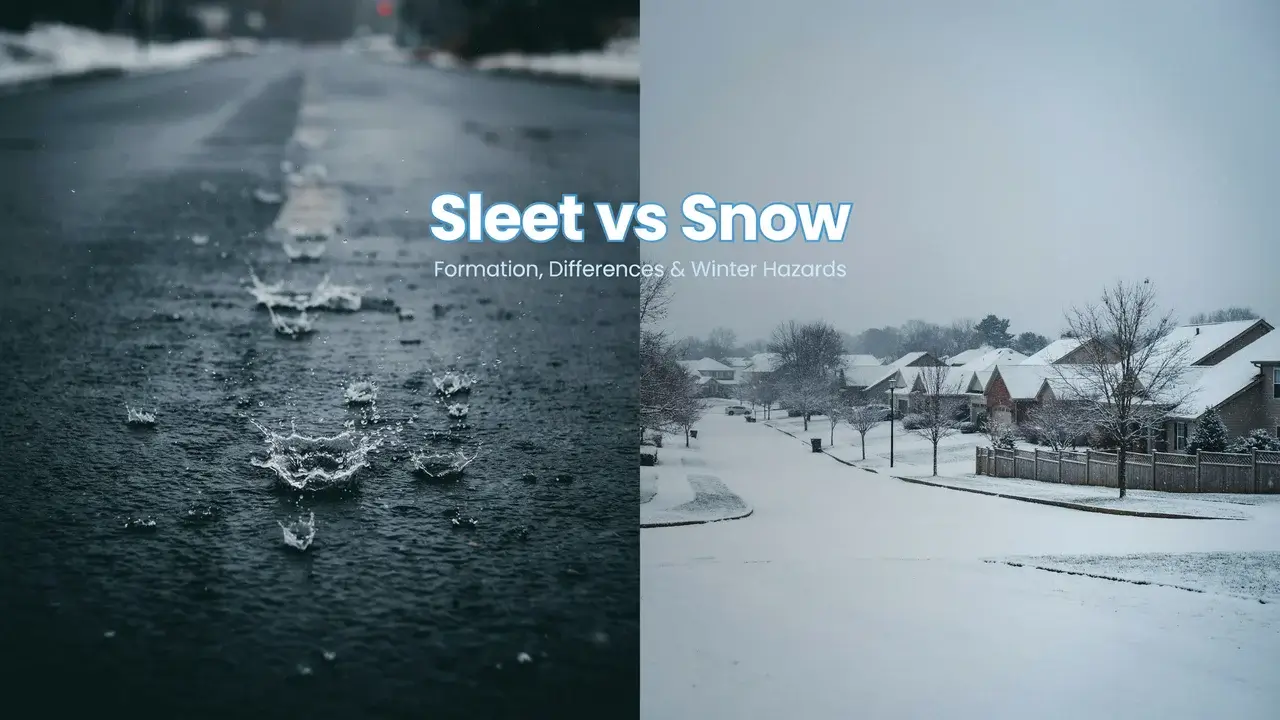Sleet vs snow comparison showing ice pellets bouncing on a road beside soft snowflakes accumulating on a winter street.