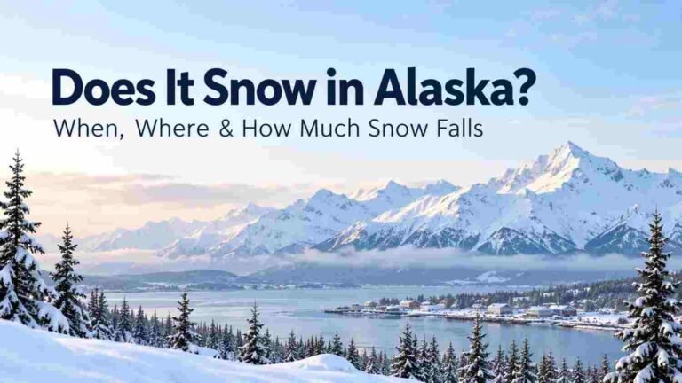 Does It Snow in Alaska? Snowfall, Timing & Regions 5 Snow-covered Alaska mountains and coastal town illustrating when, where, and how much snow falls in Alaska