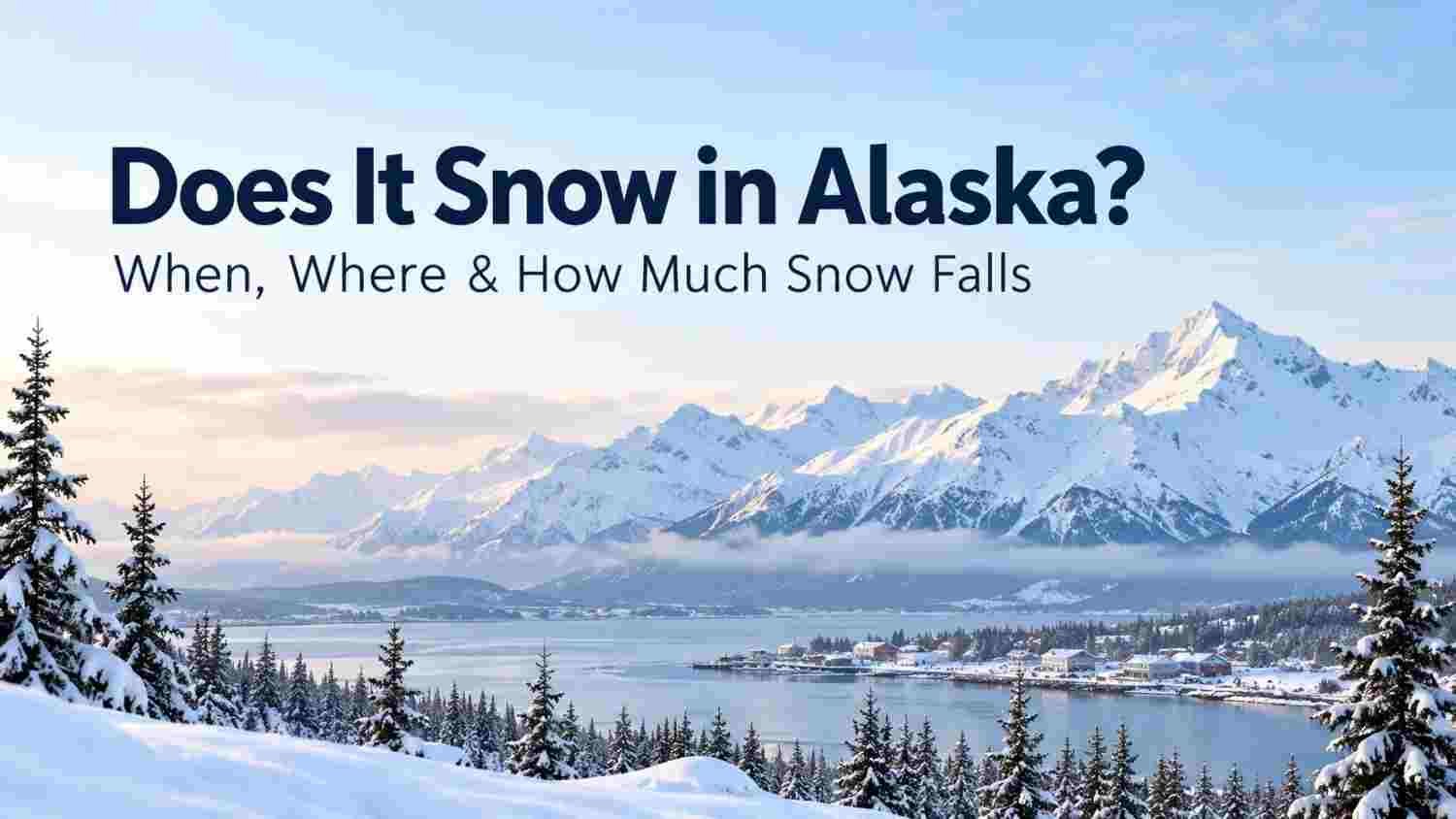 Does It Snow in Alaska? Snowfall, Timing & Regions 1 Snow-covered Alaska mountains and coastal town illustrating when, where, and how much snow falls in Alaska