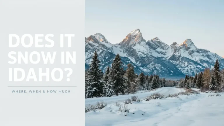 Does It Snow in Idaho? When, Where & How Much 5 Snow-covered Sawtooth Mountains and evergreen forest illustrating winter snowfall in Idaho.
