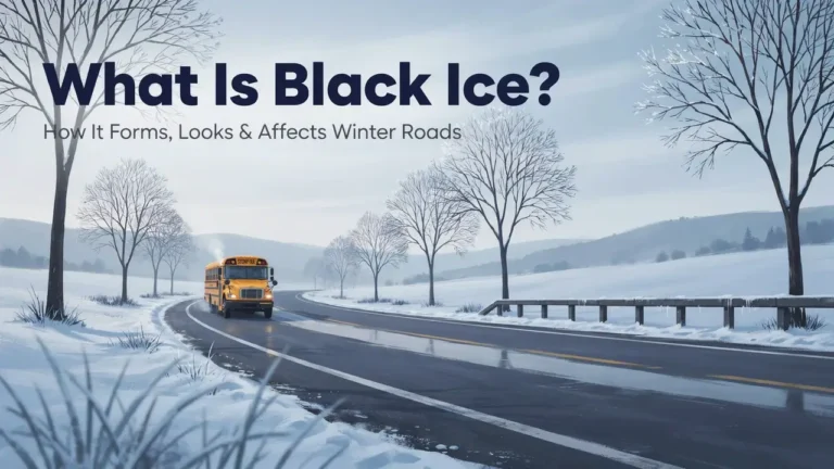 Cartoon illustration showing black ice on a winter road with a school bus, bridge, and icy pavement.