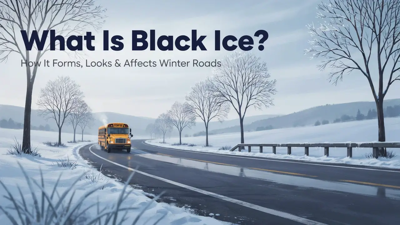 What Is Black Ice? Causes, Road Hazards & How to Spot It 1 Cartoon illustration showing black ice on a winter road with a school bus, bridge, and icy pavement.