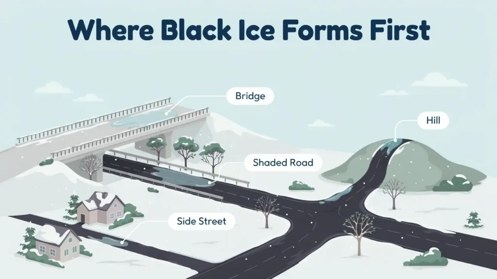 What Is Black Ice? Causes, Road Hazards & How to Spot It 3 showing black ice risk on bridges, shaded roads, hills, and residential streets.